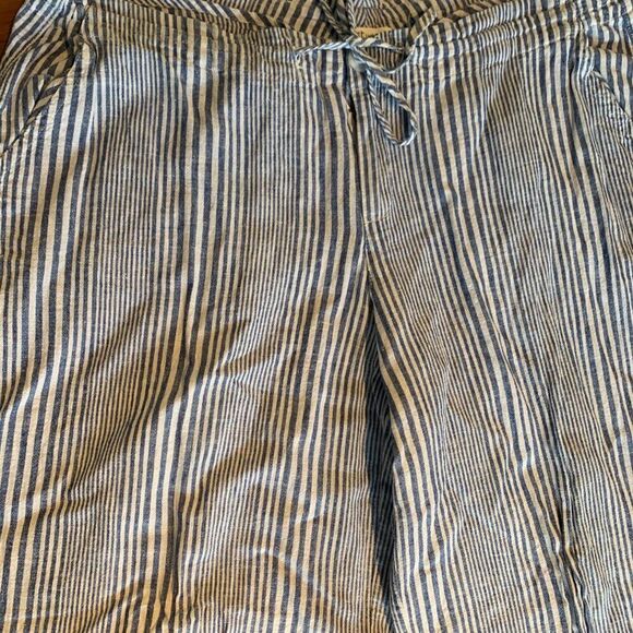 Pant, wide leg, med rise, cotton/linen, EUC, Sz L, navy wht stripe - Picture 2 of 16